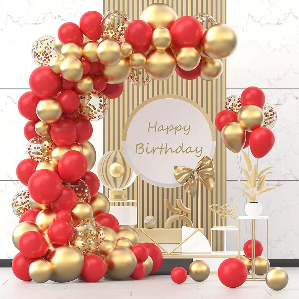 Red and gold balloon arch garland kit with metallic confetti balloons for party decor — view 4