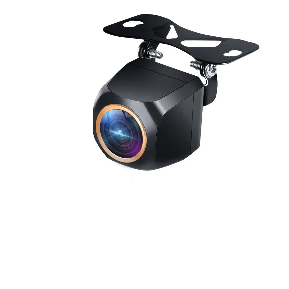 Black AHD 2K car rear view camera featuring a wide angle golden fisheye lens.