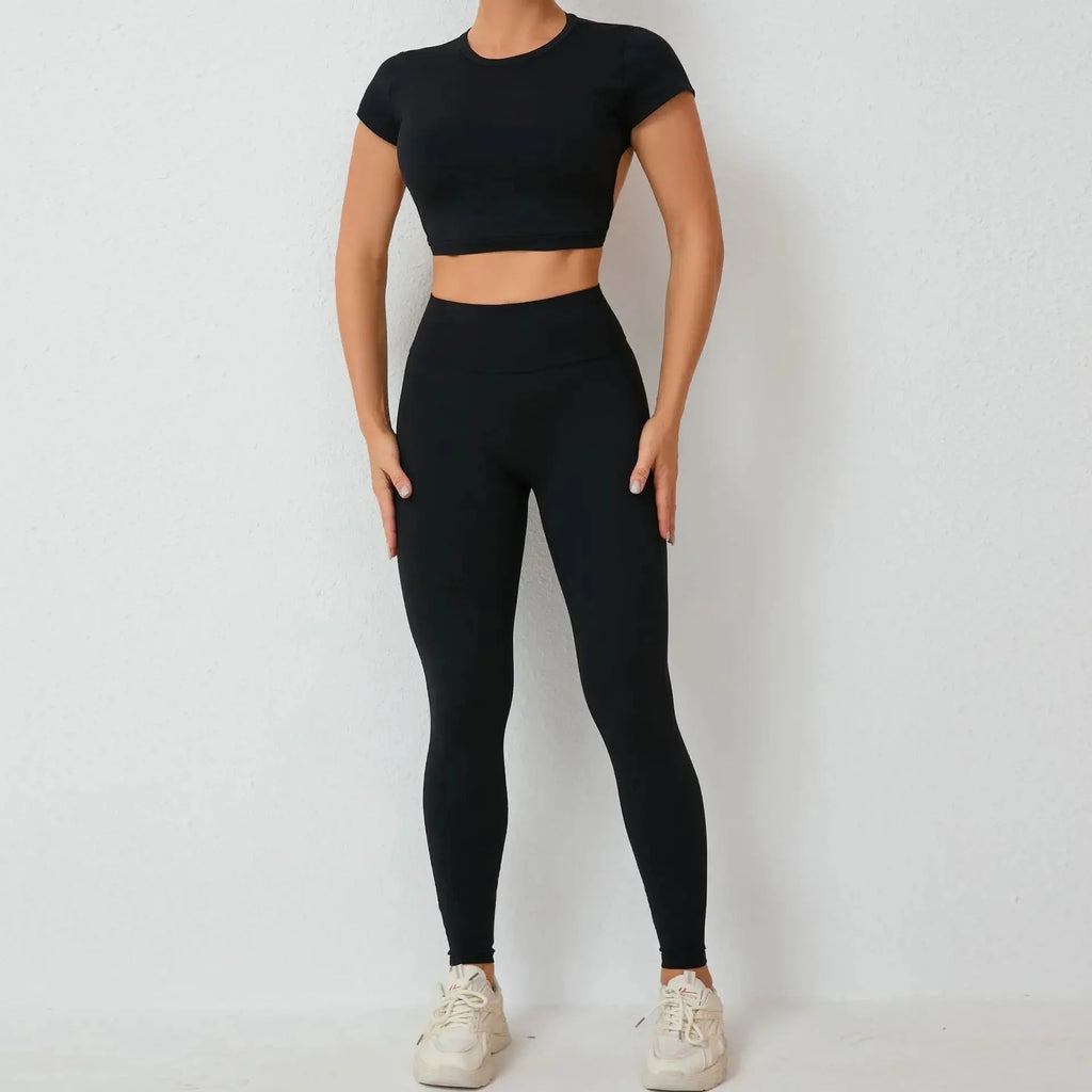 Cross Backless Sporty Set Women 2 Piece Sportswear Short Sleeve Training Suit for Fitness Yoga Wear Female Gym Workout Clothes-1