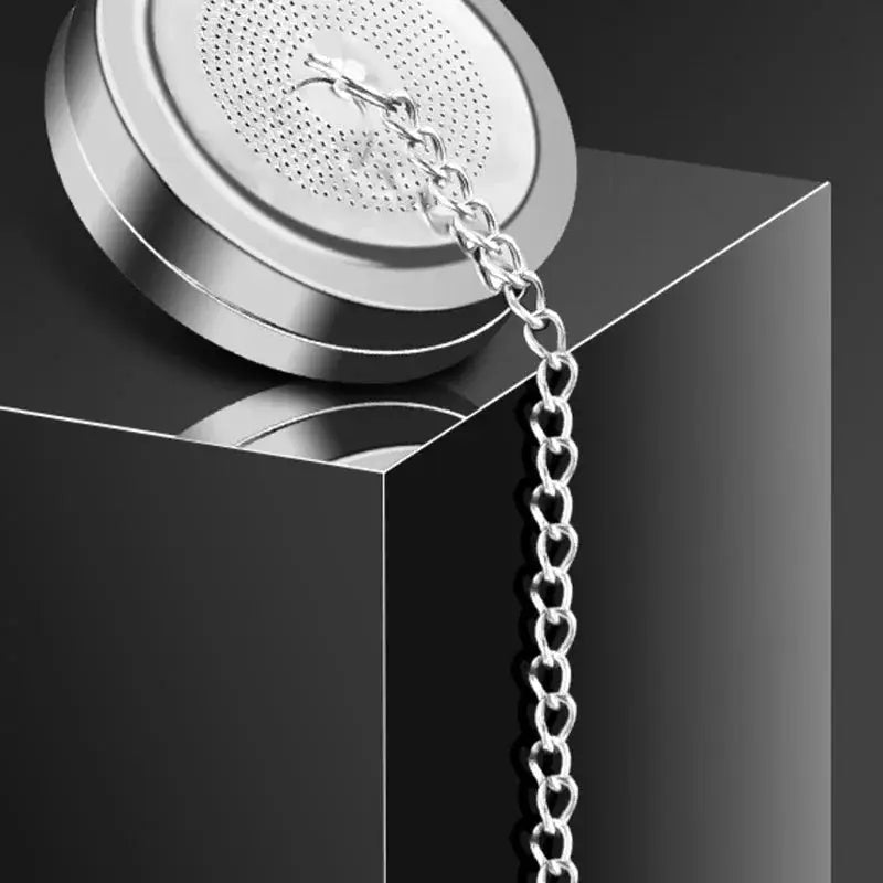 Fine mesh stainless steel tea infuser, silver reusable strainer with a secure locking lid and chain — view 11