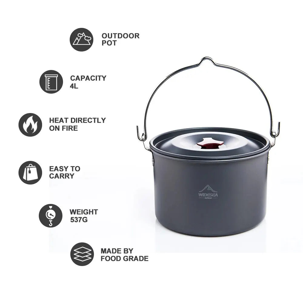 Large metallic 4L camping hanging pot with sturdy handle for outdoor campfire cooking and wilderness meals — view 2