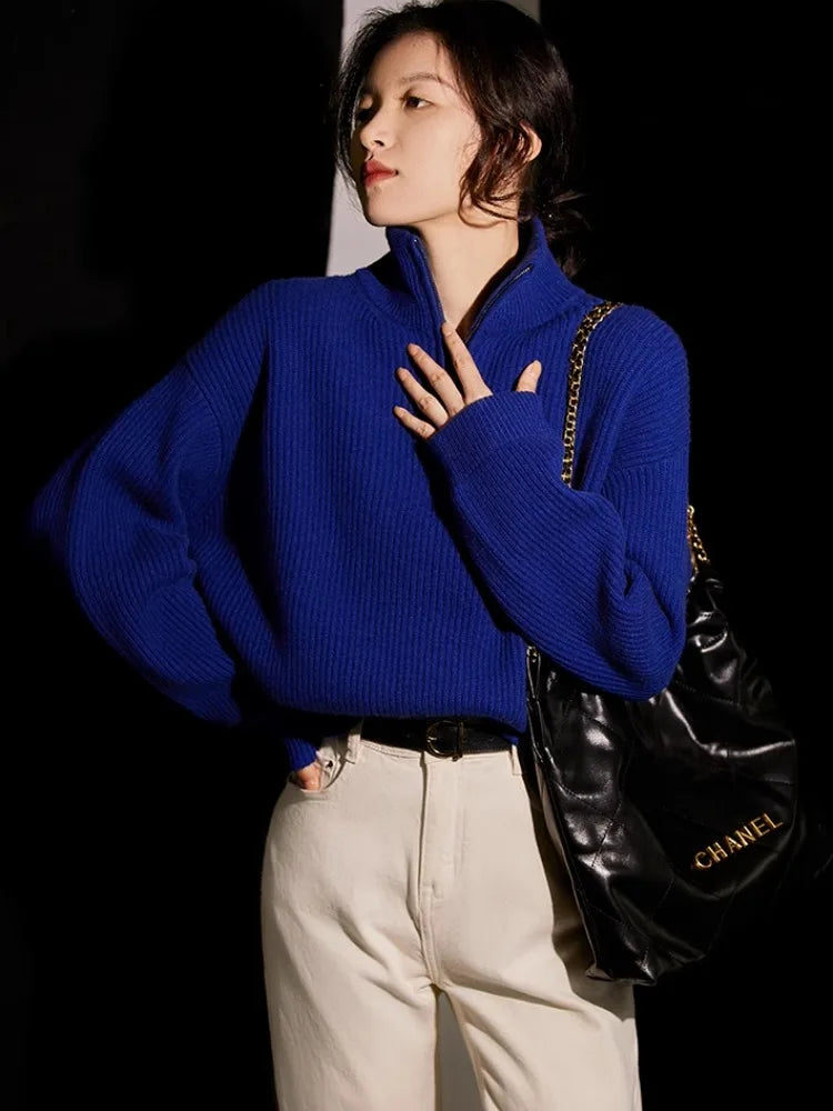 Women's pure cashmere half-zip pullover sweater with a stand collar and loose fit — view 2