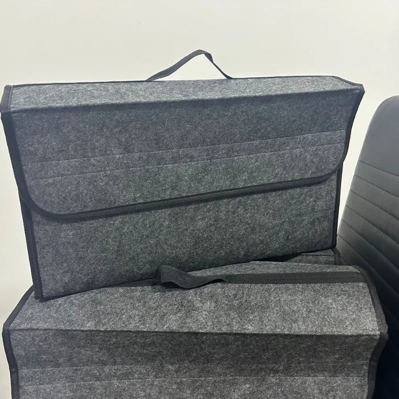 Foldable car trunk organizer in gray soft felt, displaying spacious interior storage compartments — view 3