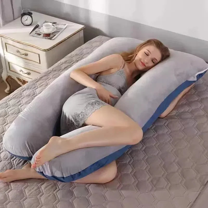 Grey pure cotton U-shaped pregnancy pillow providing full body maternity support for side sleepers — view 2