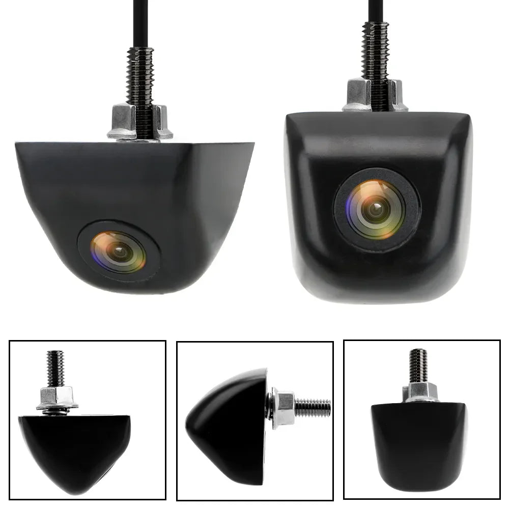 Black car reverse rear view camera with 120-degree wide angle lens and connection cables — view 3