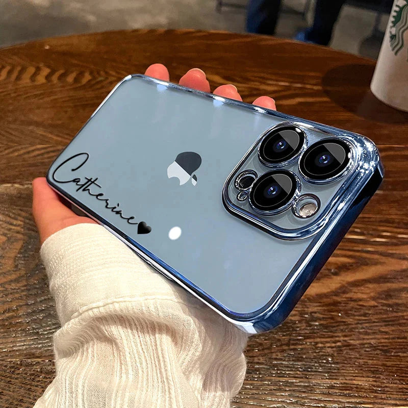 Personalized clear iPhone case with luxury metallic plating and custom name engraving on the back — view 3