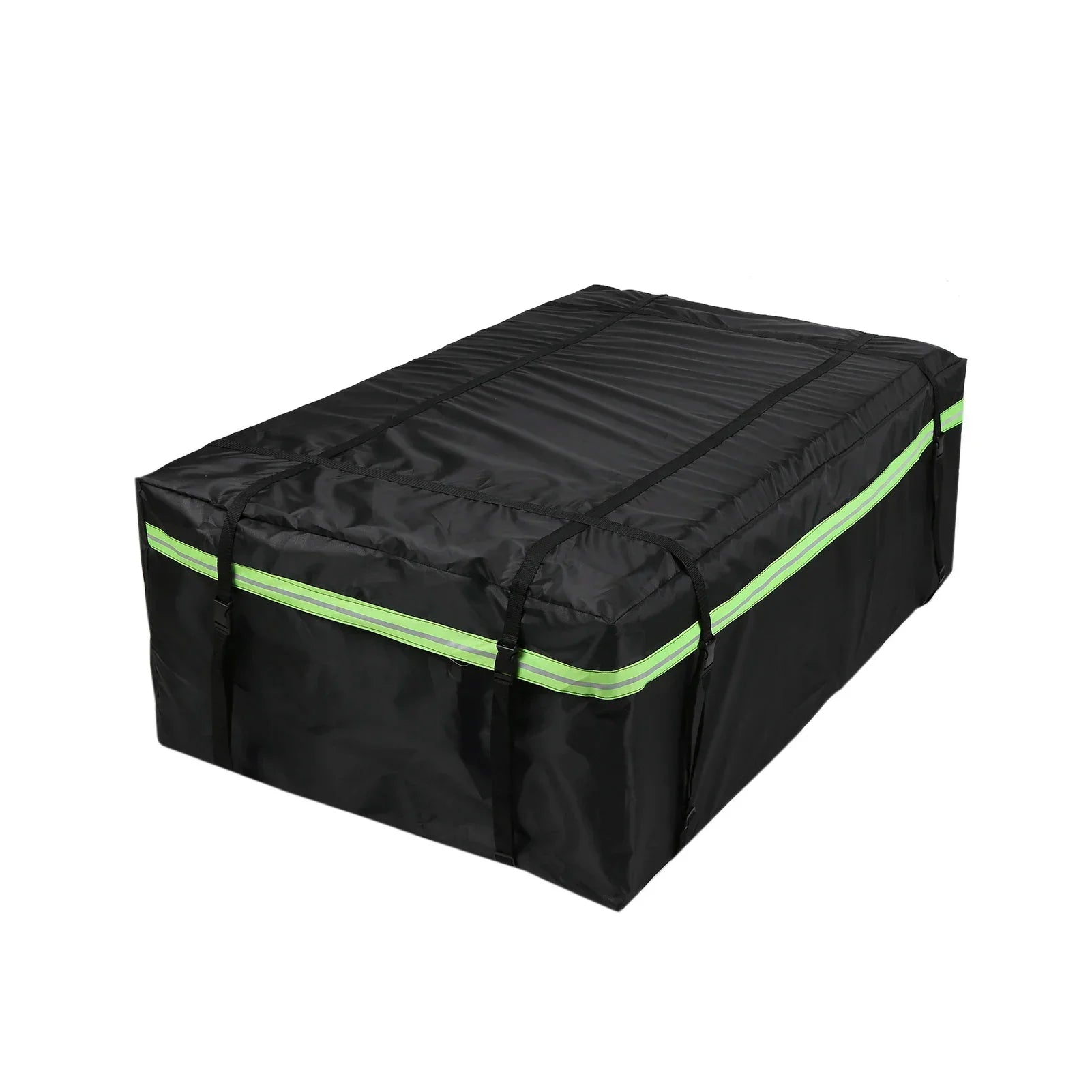 Black waterproof car roof cargo bag strapped to vehicle rooftop with reflective safety strips