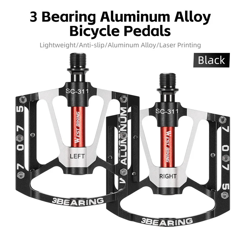 Black 3-bearing CNC aluminum bike pedals with anti-slip traction pins and widened base. — view 2