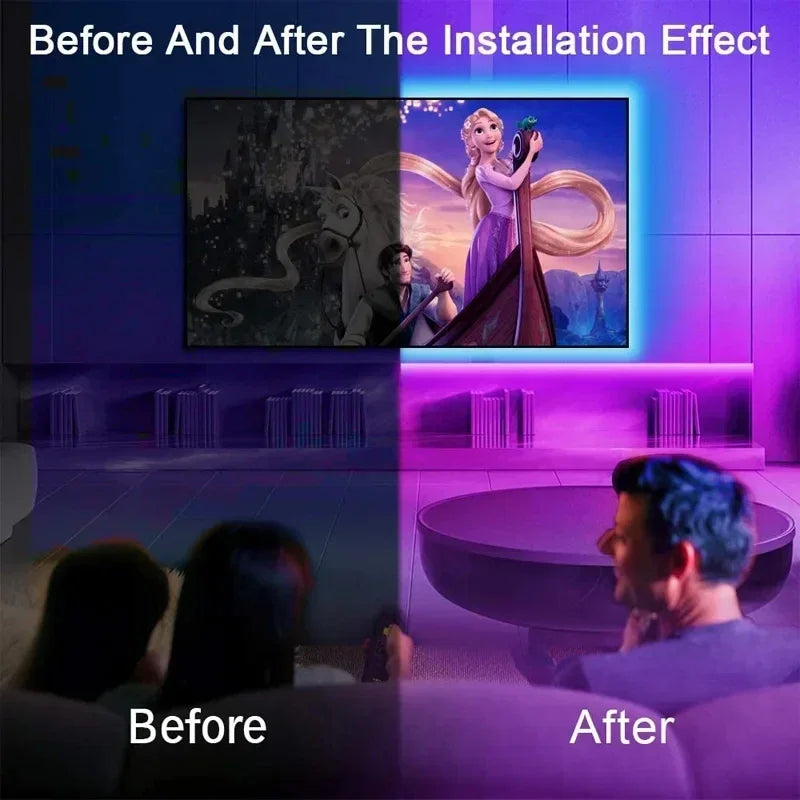 Smart USB LED strip lights illuminating a modern living room ceiling in vibrant dynamic RGB colors — view 5