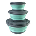 Three piece collapsible silicone folding camping bowl set in varying sizes for outdoor travel