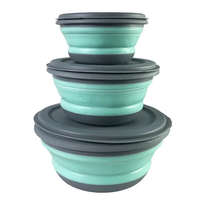 Three piece collapsible silicone folding camping bowl set in varying sizes for outdoor travel