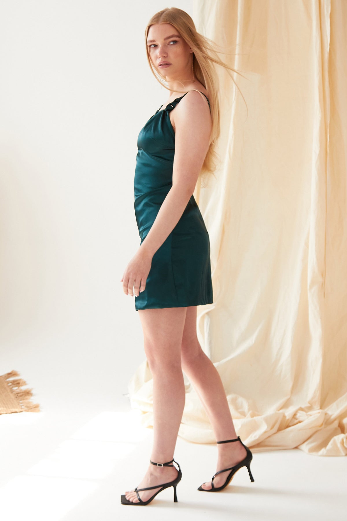 Emerald Green Silk Satin Backless Mini Dress-3