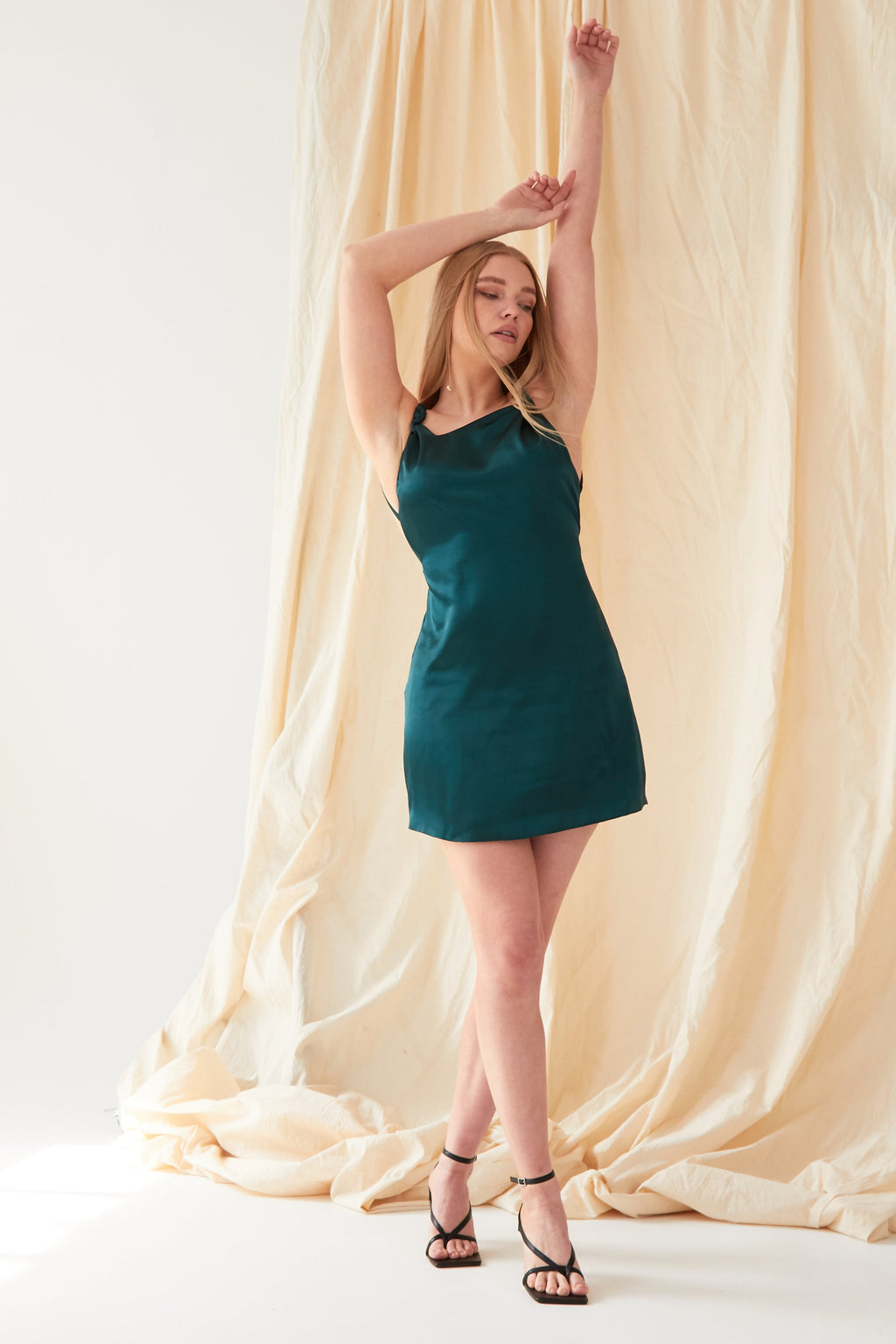 Emerald Green Silk Satin Backless Mini Dress-4