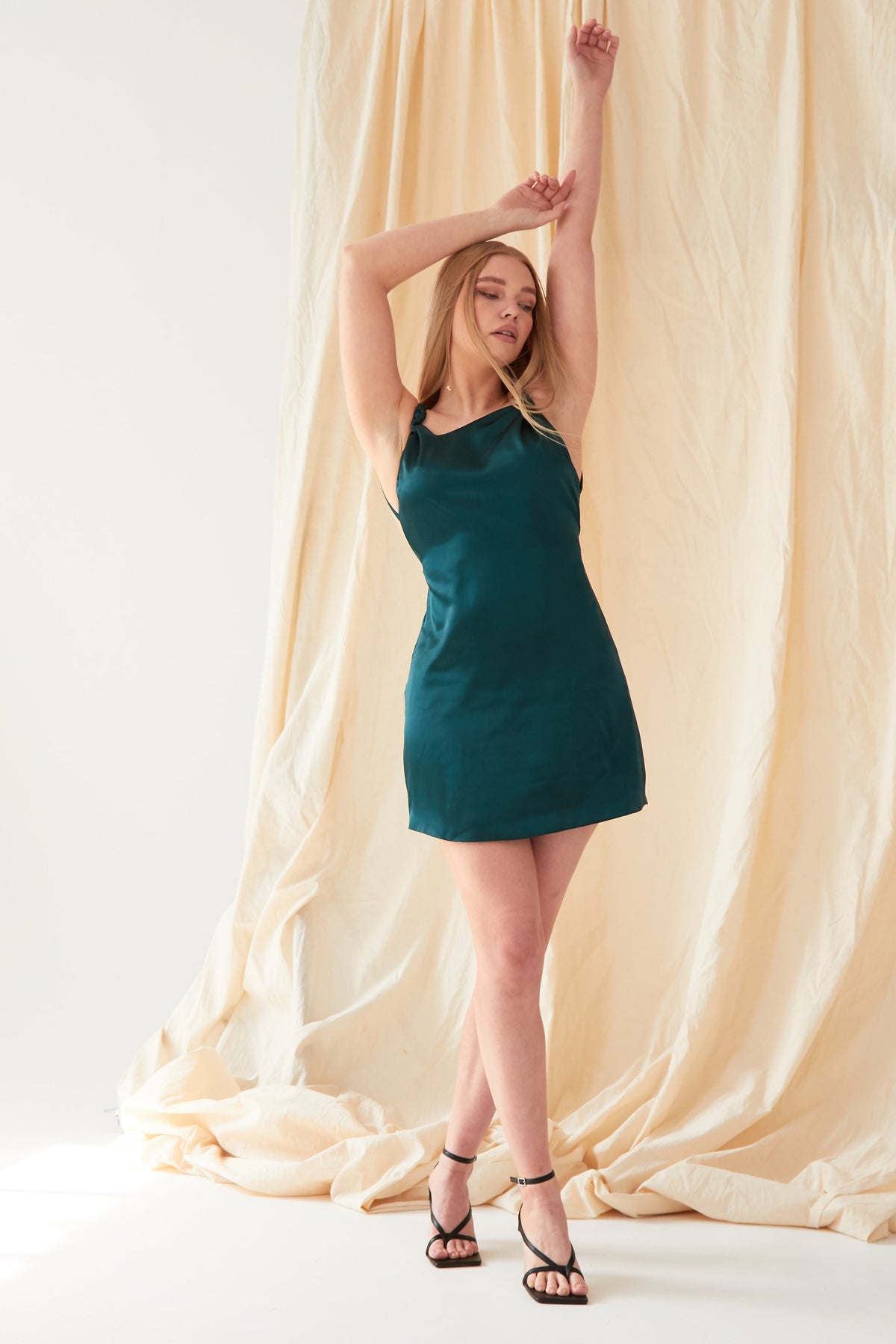 Emerald Green Silk Satin Backless Mini Dress-4
