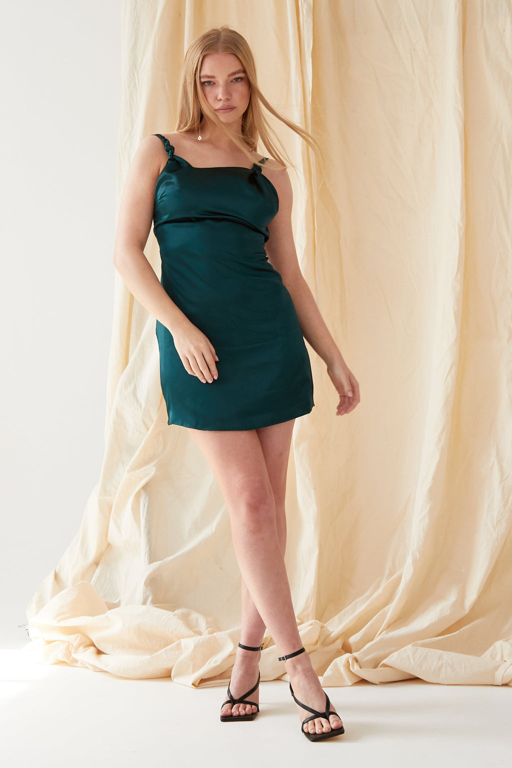 Emerald Green Silk Satin Backless Mini Dress-1