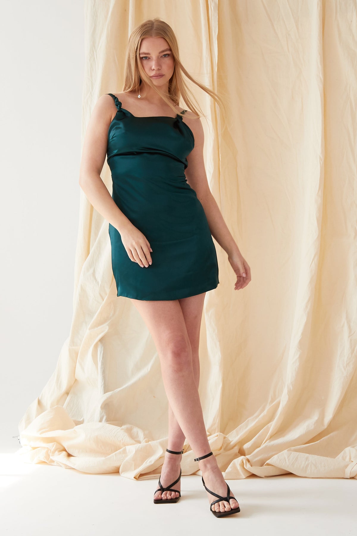 Emerald Green Silk Satin Backless Mini Dress-1