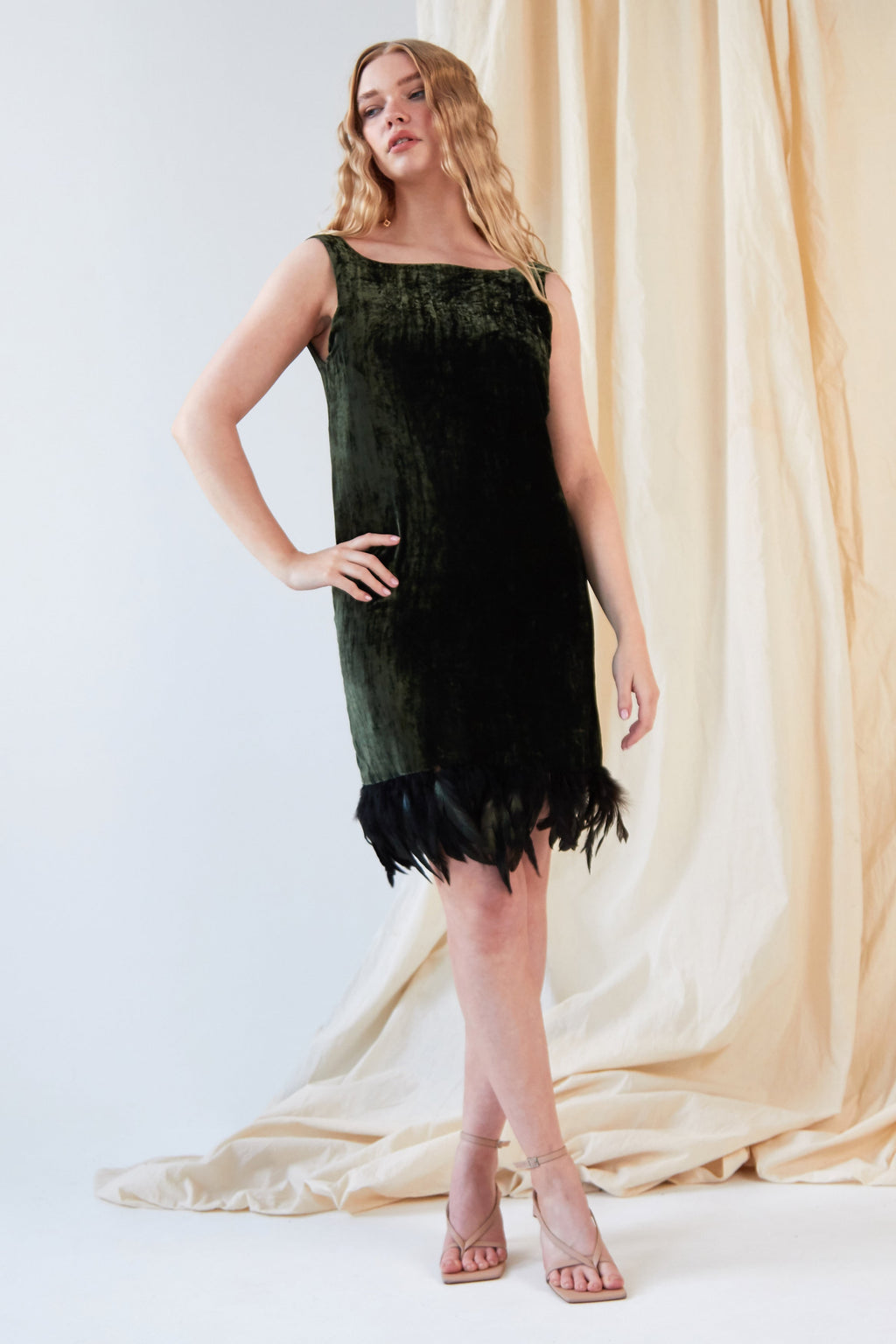 Silk Velvet Feather Trim Dress-4