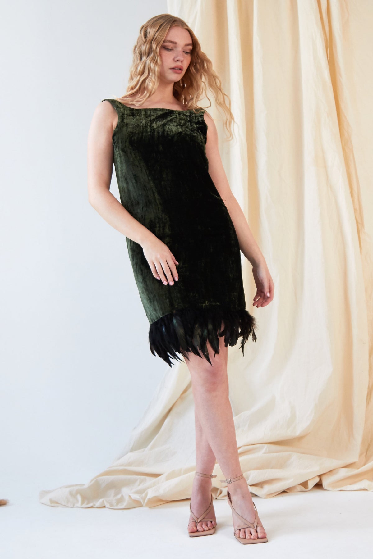 Silk Velvet Feather Trim Dress-1