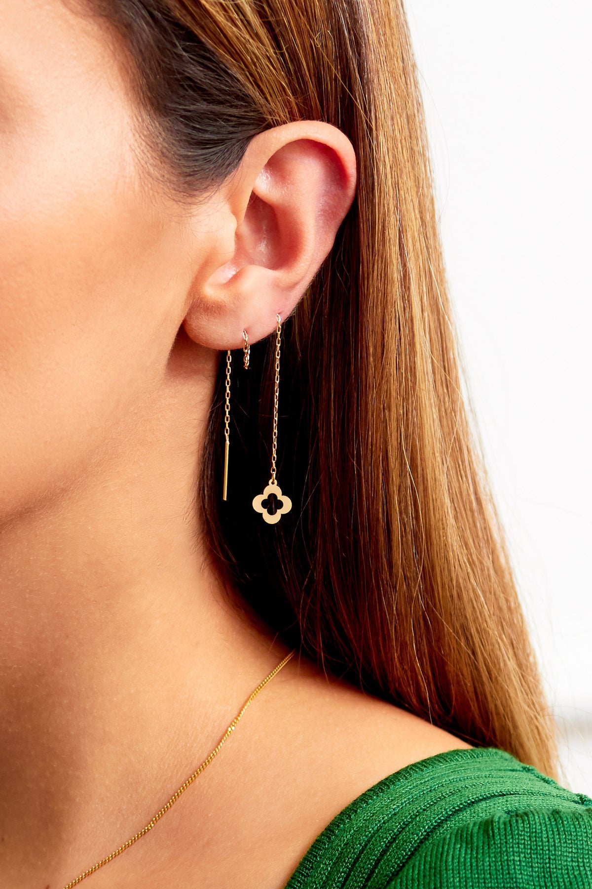 Clover Shape 18K Gold Threader Earrings-4