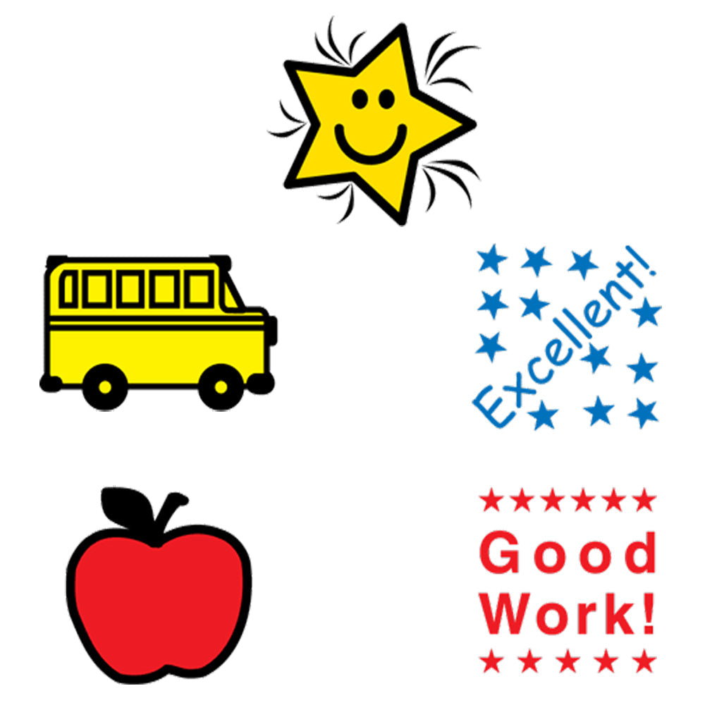 Five piece back to school incentive stamp set featuring bus apple star and praise words — view 4