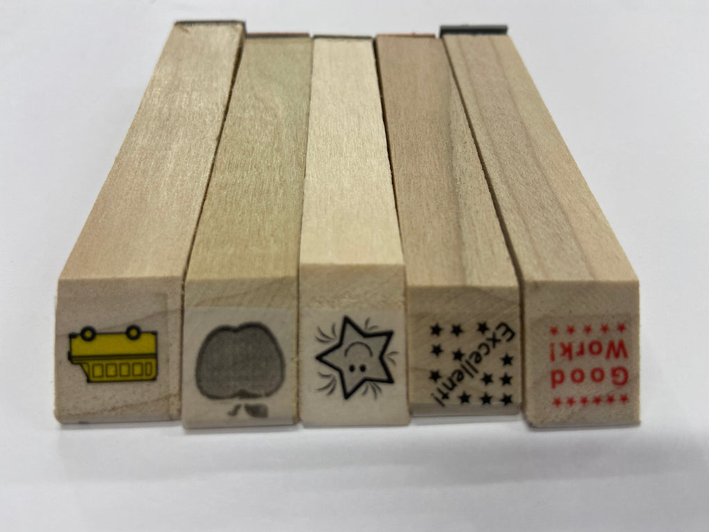 Five piece back to school incentive stamp set featuring bus apple star and praise words — view 2