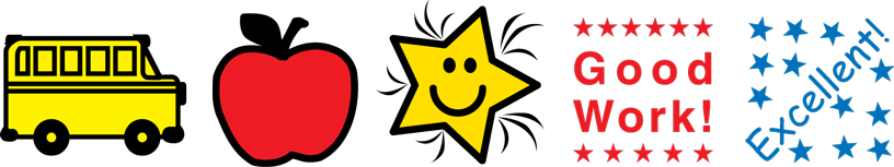 Five piece back to school incentive stamp set featuring bus apple star and praise words