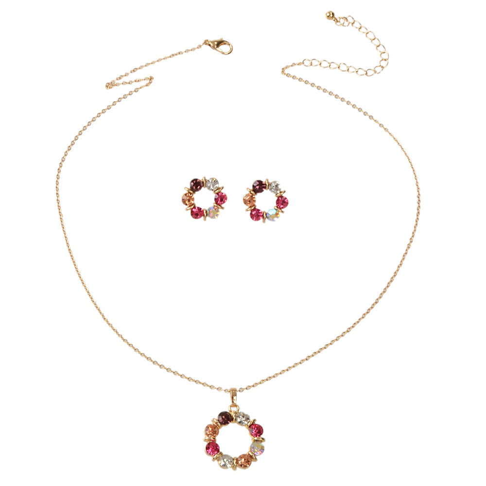 Colourful rhinestone flower jewellery set with an adjustable charm necklace and matching 1.7cm stud earrings — view 5