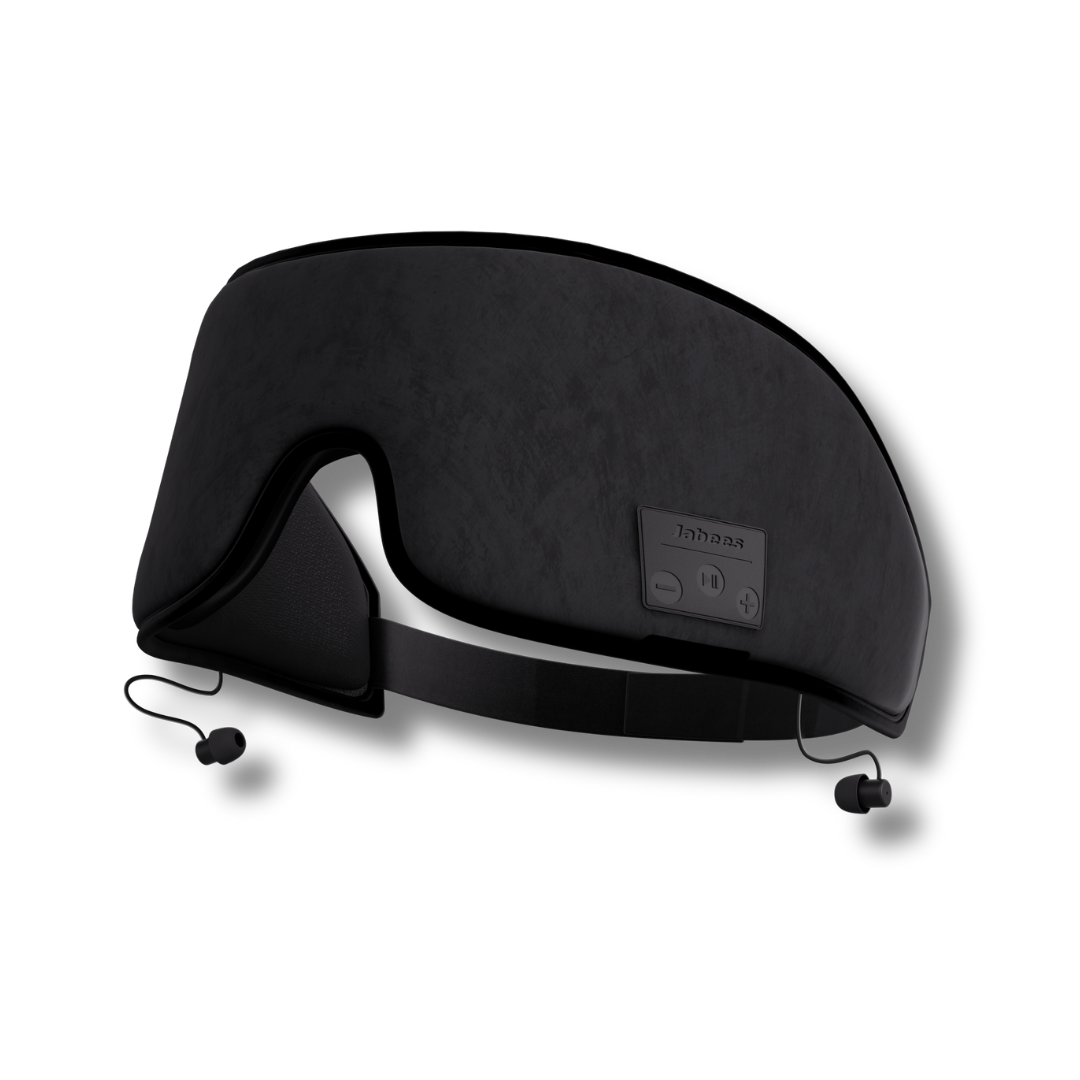 Wireless Bluetooth sleep mask with soft black fabric and built-in flat headphones for side sleepers