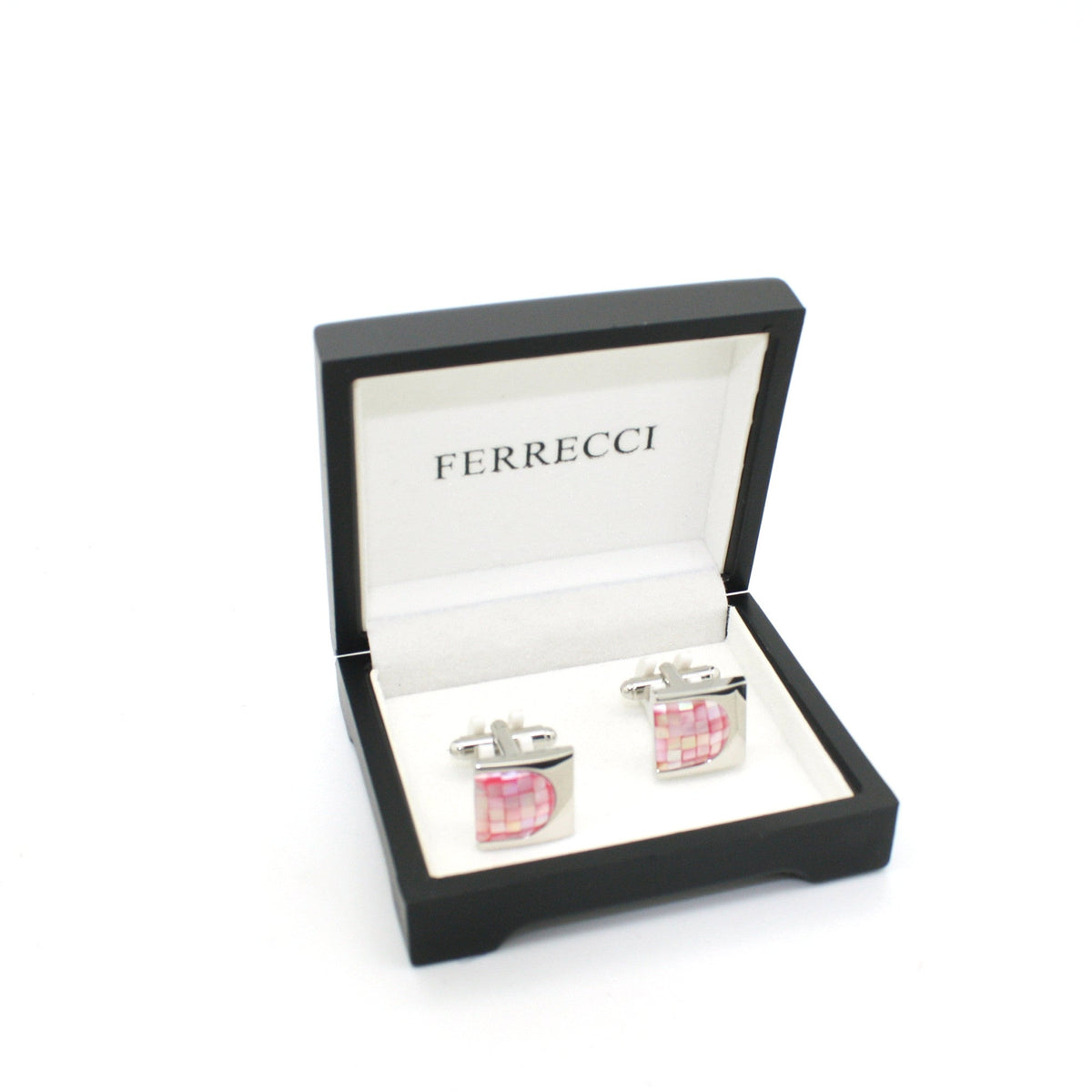 Silvertone U Pink Shell Cuff Links With Jewelry Box-1