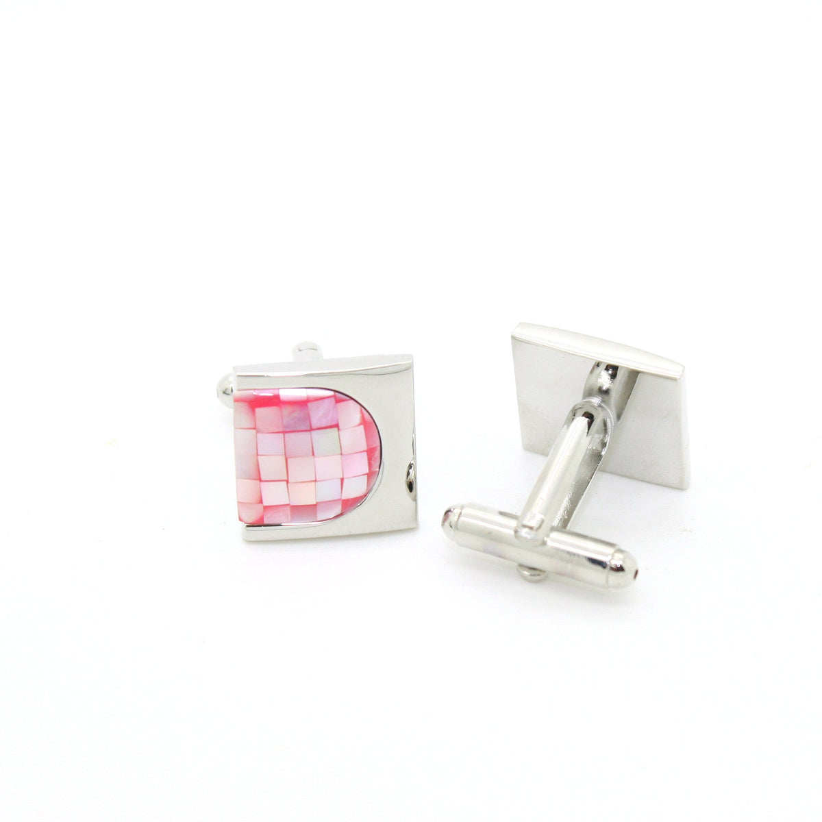 Silvertone U Pink Shell Cuff Links With Jewelry Box-0