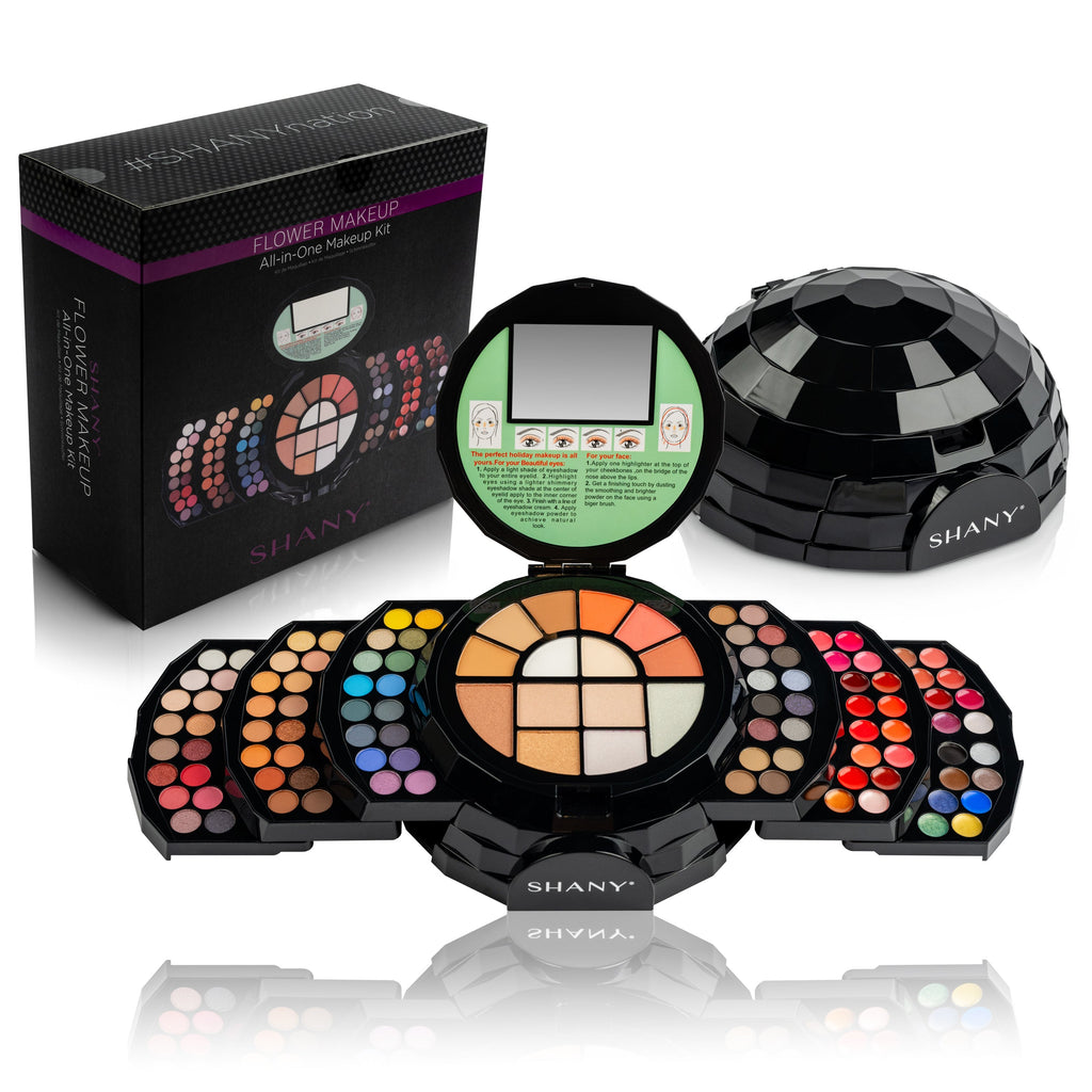 Flowers professional makeup set featuring 104 colorful eyeshadows, blushes, and lip colors in gift packaging