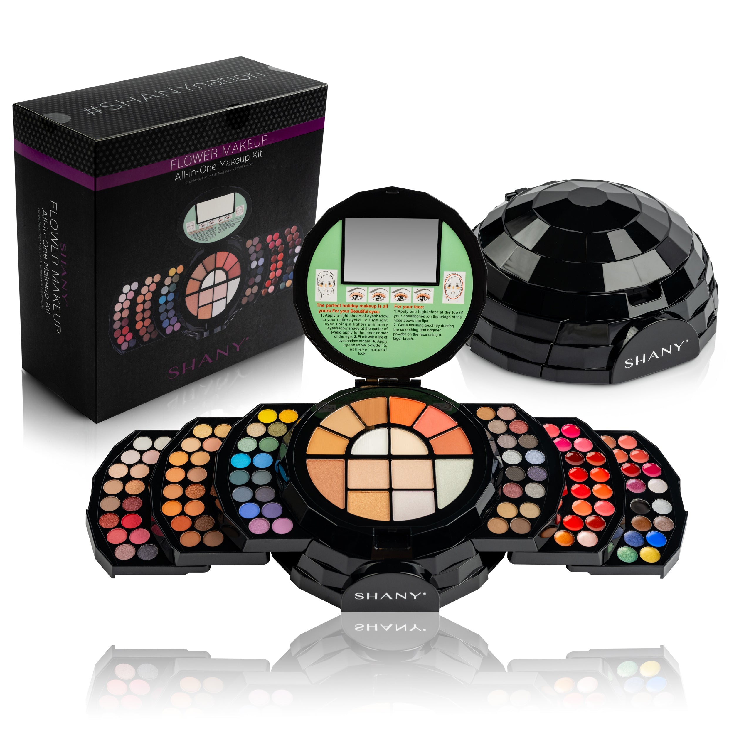 Flowers professional makeup set featuring 104 colorful eyeshadows, blushes, and lip colors in gift packaging