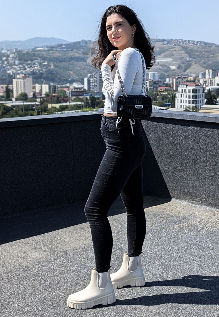 Chunky synthetic leather Chelsea boots with platform block heels, elastic gussets, and thick lug soles — view 2