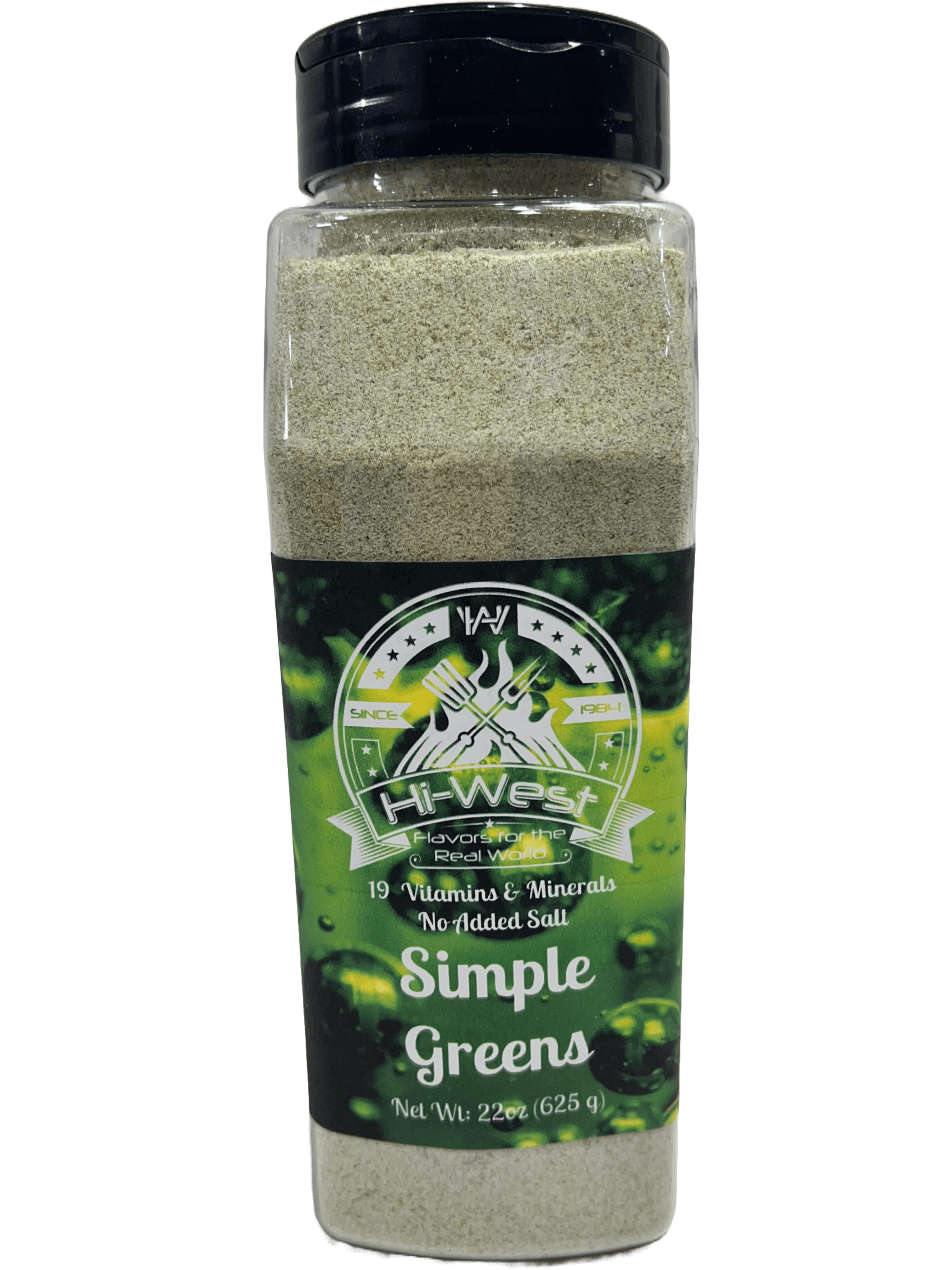 Hi-West Simple Greens Drink Mix powder packaging showcasing nutritional plant based protein and spirulina