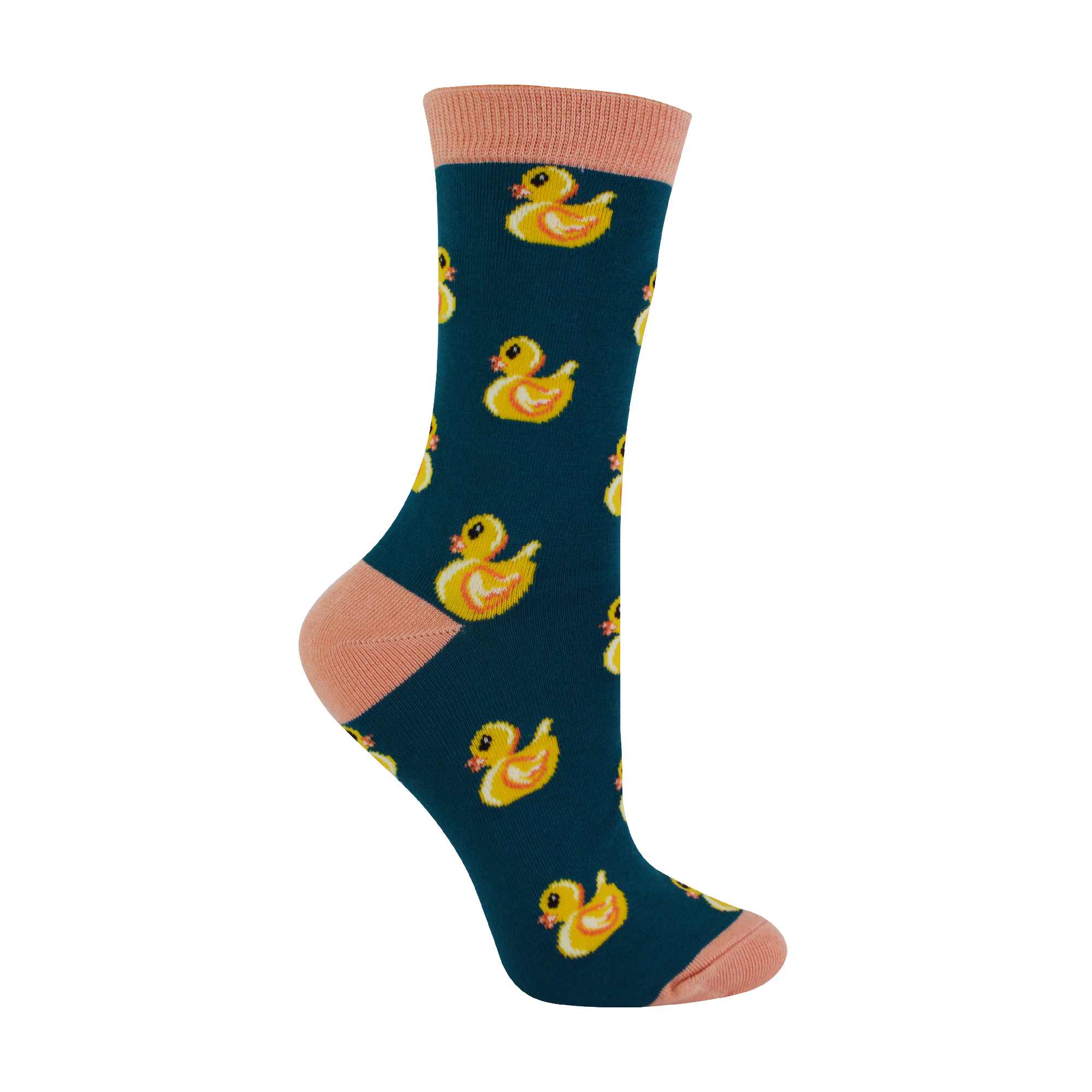 Ladies rubber duck novelty socks in teal bamboo blend with pink heels and toes