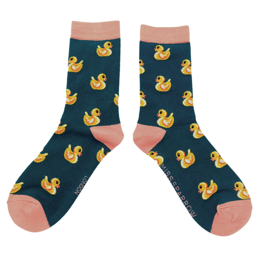 Ladies rubber duck novelty socks in teal bamboo blend with pink heels and toes — view 3