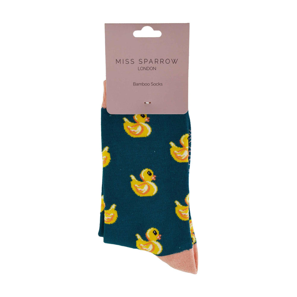 Ladies rubber duck novelty socks in teal bamboo blend with pink heels and toes — view 2