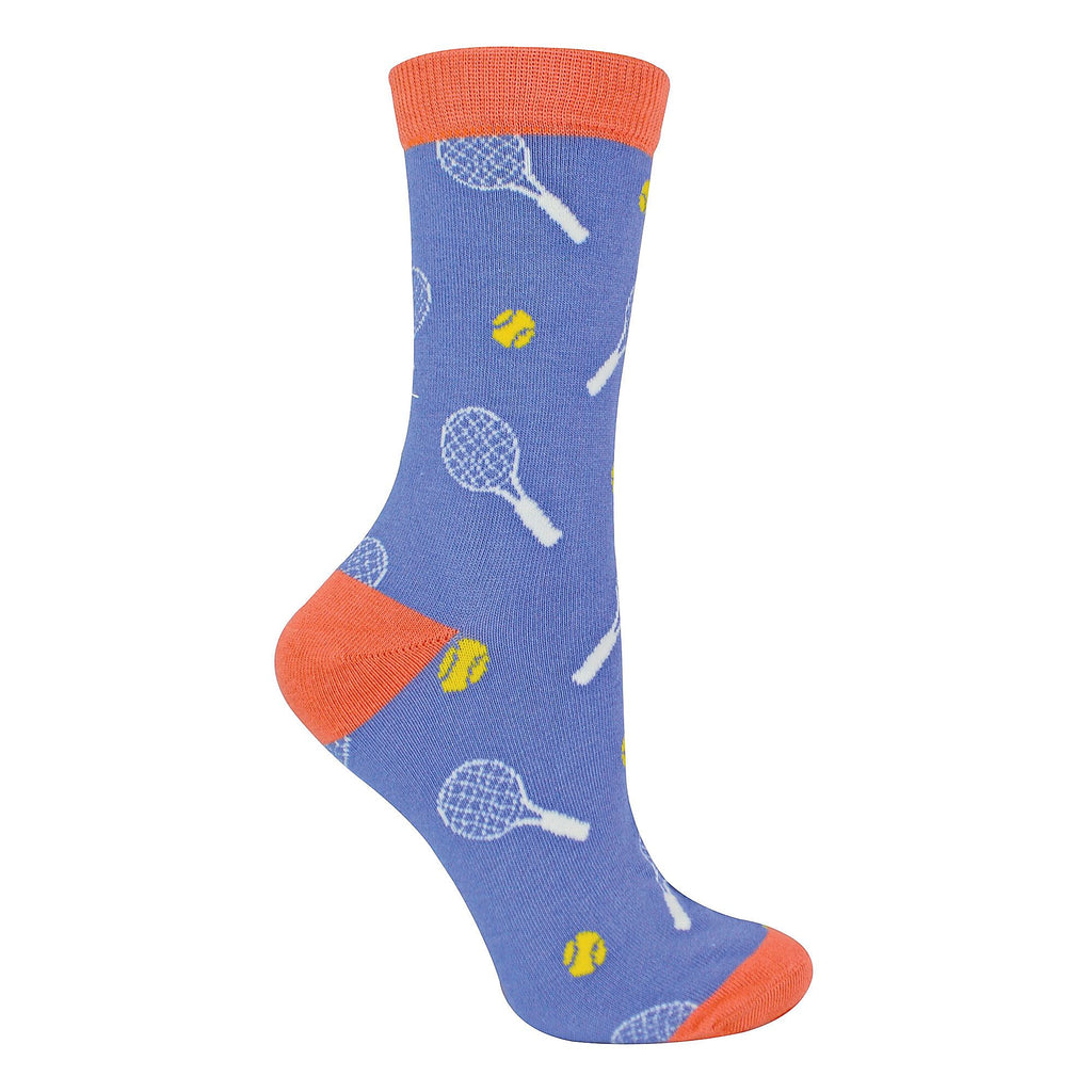 Denim blue ladies novelty tennis bamboo socks with pink heel and racket ball print design
