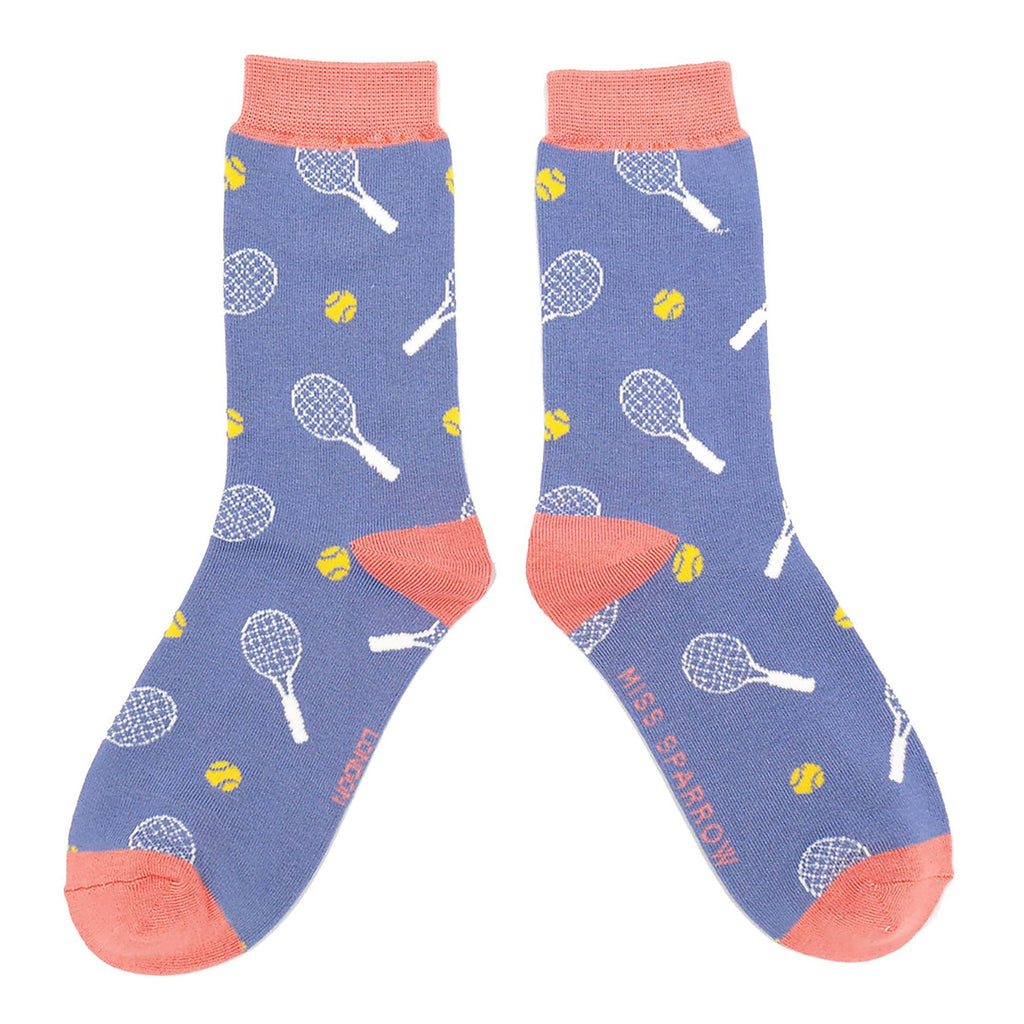 Denim blue ladies novelty tennis bamboo socks with pink heel and racket ball print design — view 3