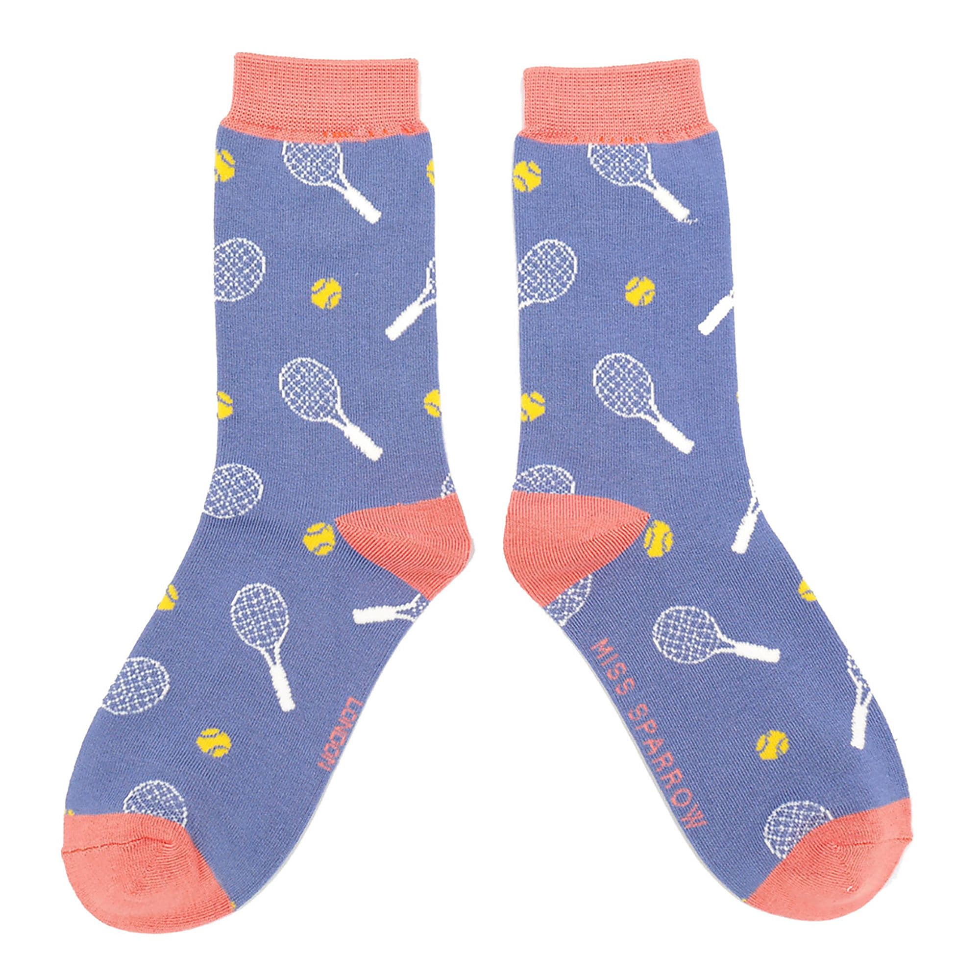 Denim blue ladies novelty tennis bamboo socks with pink heel and racket ball print design — view 3
