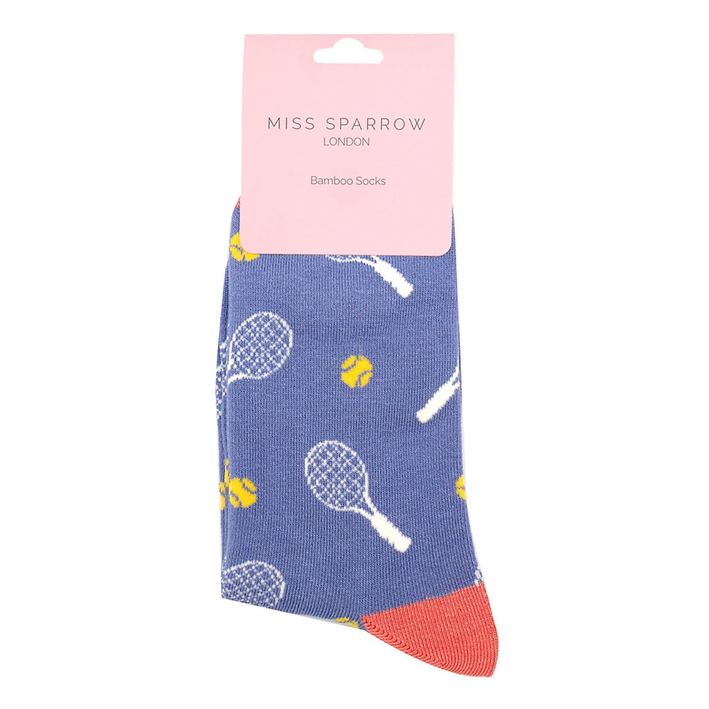 Denim blue ladies novelty tennis bamboo socks with pink heel and racket ball print design — view 2