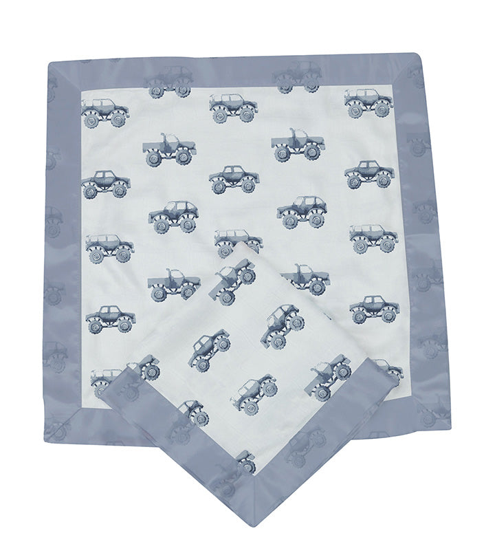 Indigo monster trucks printed cotton muslin security blanket for babies, folded neatly on display — view 3