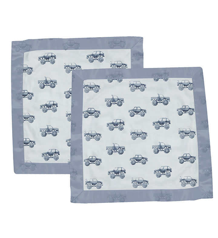 Indigo monster trucks printed cotton muslin security blanket for babies, folded neatly on display — view 2
