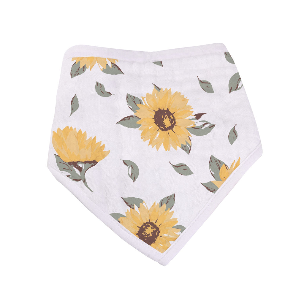 Sunrise to Sunset Bandana Bibs in natural bamboo muslin with adorable sunflower and bee patterns. — view 4