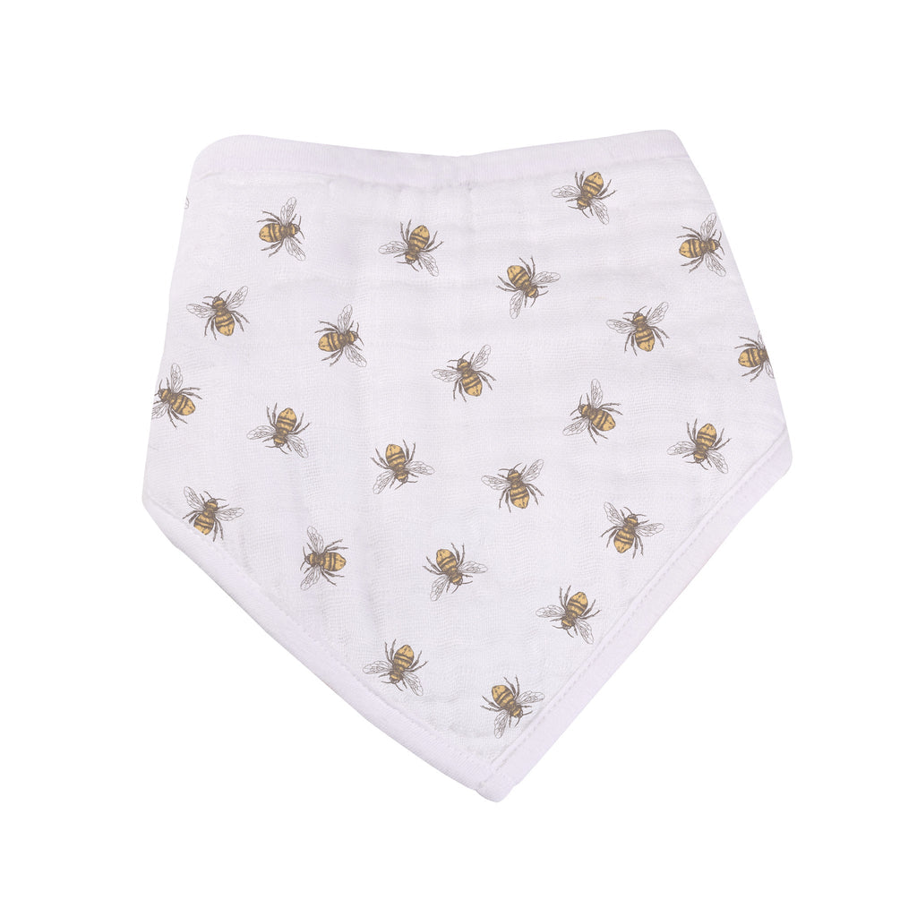 Sunrise to Sunset Bandana Bibs in natural bamboo muslin with adorable sunflower and bee patterns. — view 3
