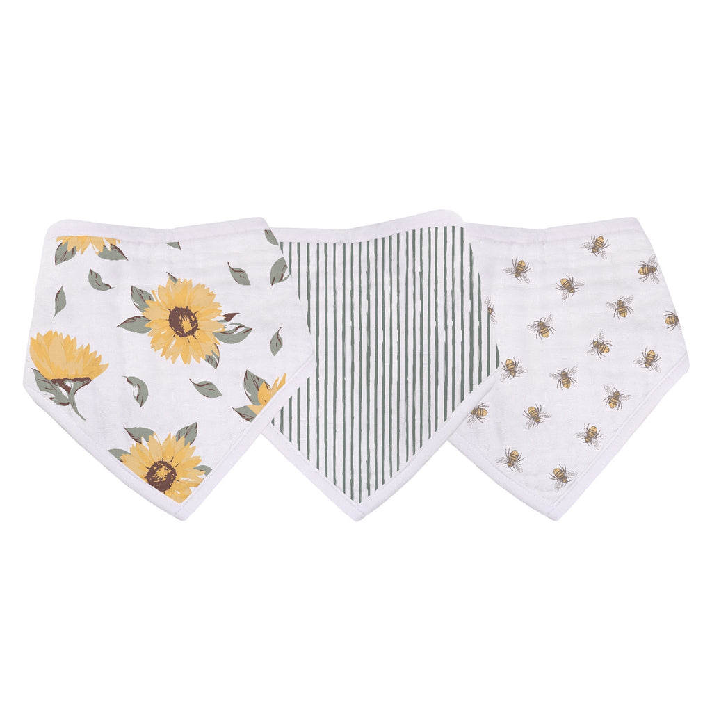 Sunrise to Sunset Bandana Bibs in natural bamboo muslin with adorable sunflower and bee patterns. — view 2