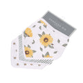 Sunrise to Sunset Bandana Bibs in natural bamboo muslin with adorable sunflower and bee patterns.