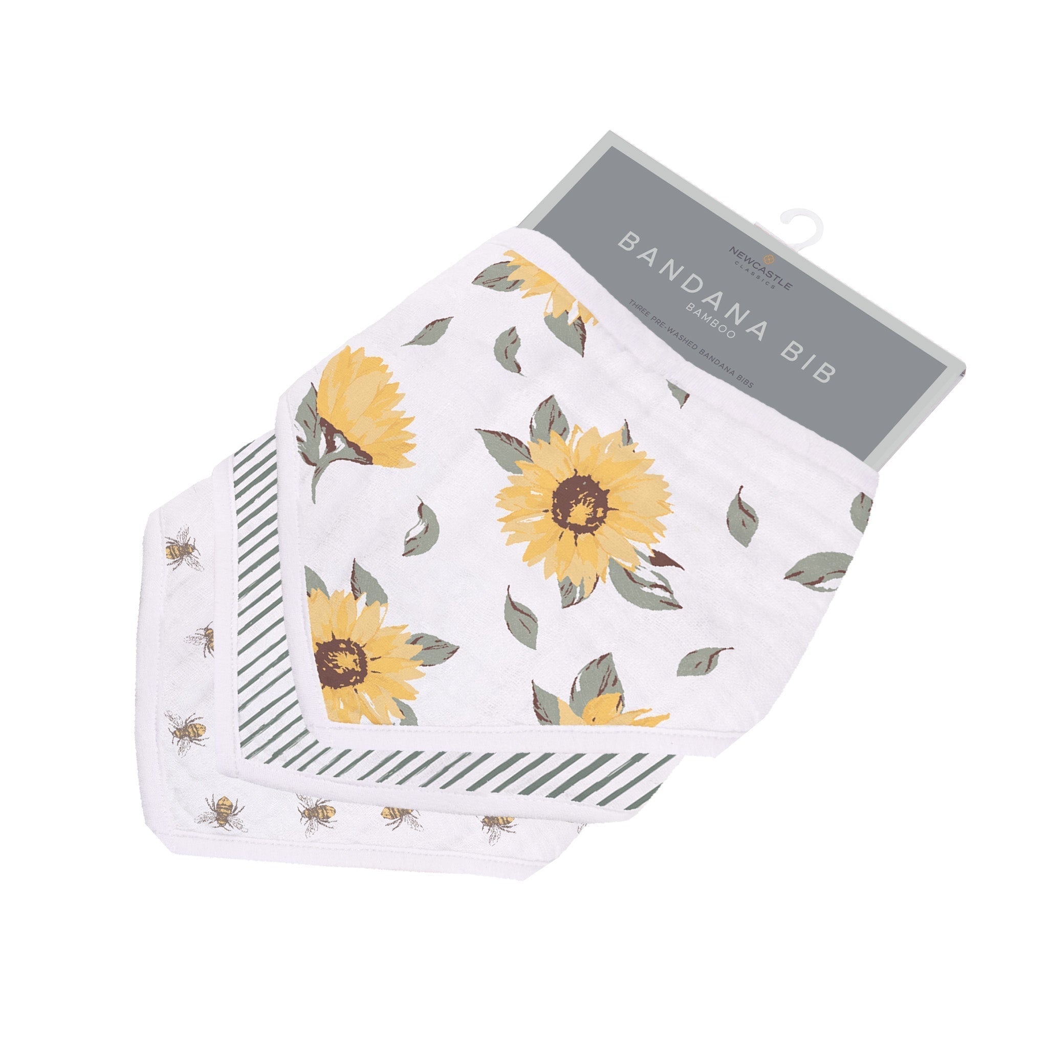 Sunrise to Sunset Bandana Bibs in natural bamboo muslin with adorable sunflower and bee patterns.