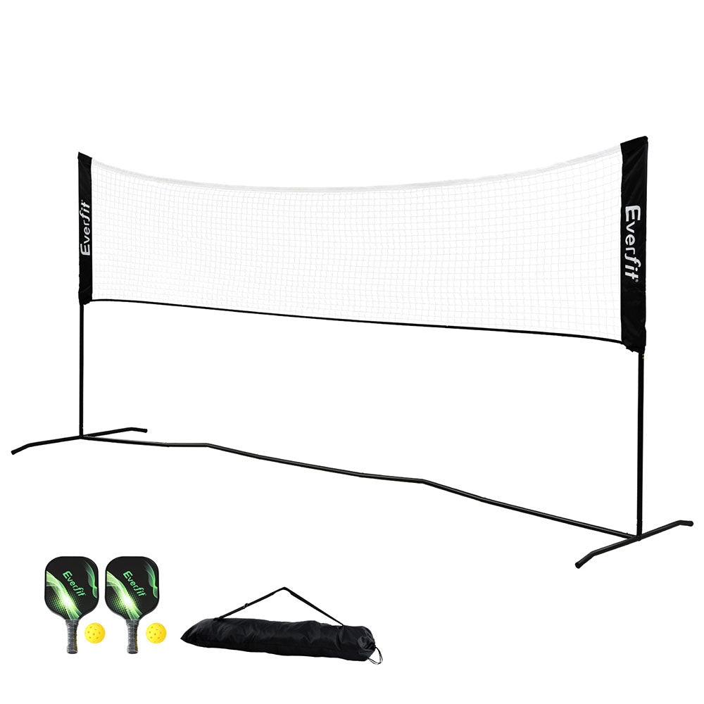 Everfit 3.6m portable sports net with black steel frame, pickleball paddles, and carry bag