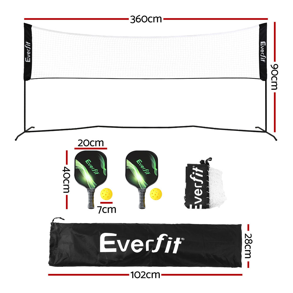 Everfit 3.6m portable sports net with black steel frame, pickleball paddles, and carry bag — view 2